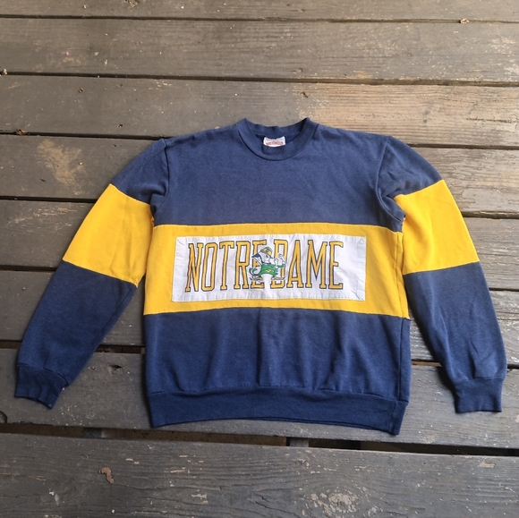 Vintage 90s Norte Dame Men's M Blue and Yellow Stripes Sweatshirt College Iconic